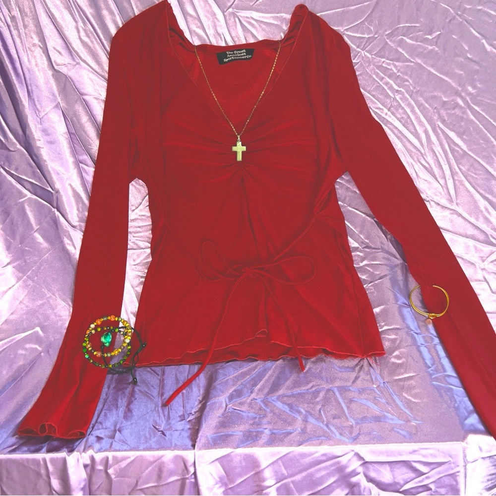 *RARE*Vintage Y2k 90s Red Bell Bottom Sleeves Whimsygoth Fairy Ribbon Bow Gothic